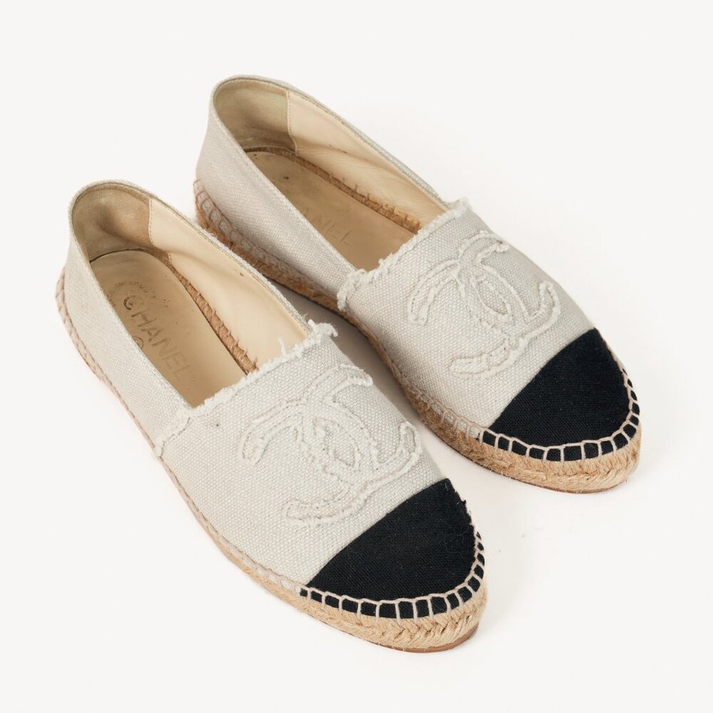 Chanel Fraying CC Textile Espadrille Flats in White and Black